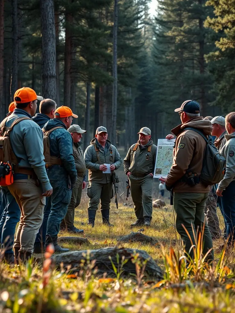 An image of hunters attending a workshop on responsible hunting practices, emphasizing education and ethical conduct in hunting.