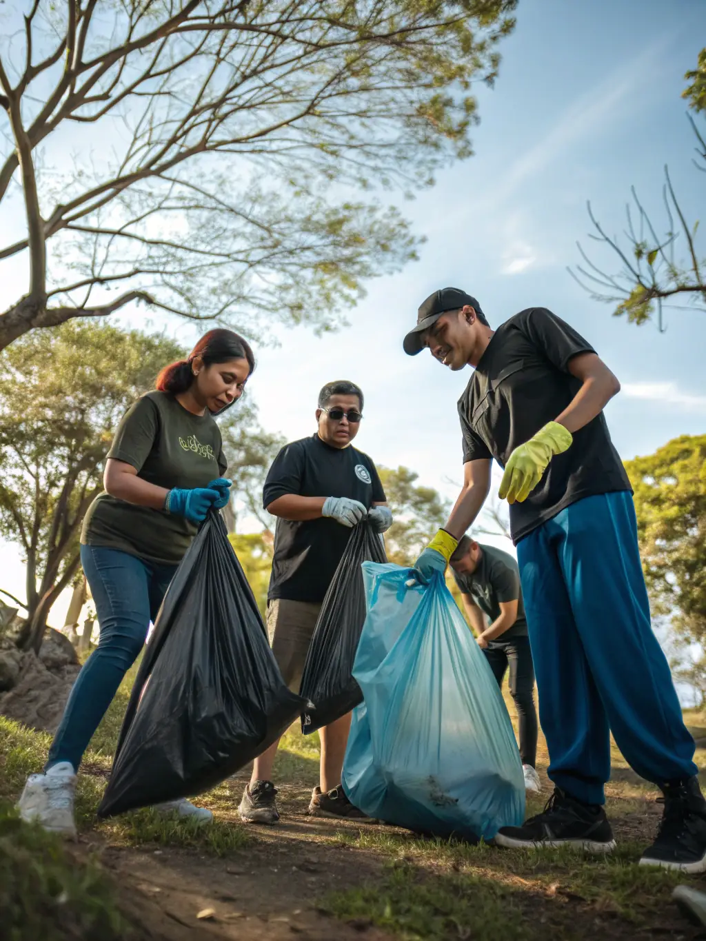 A group of members participating in a community cleanup event in a local forest, showcasing community involvement and environmental stewardship.