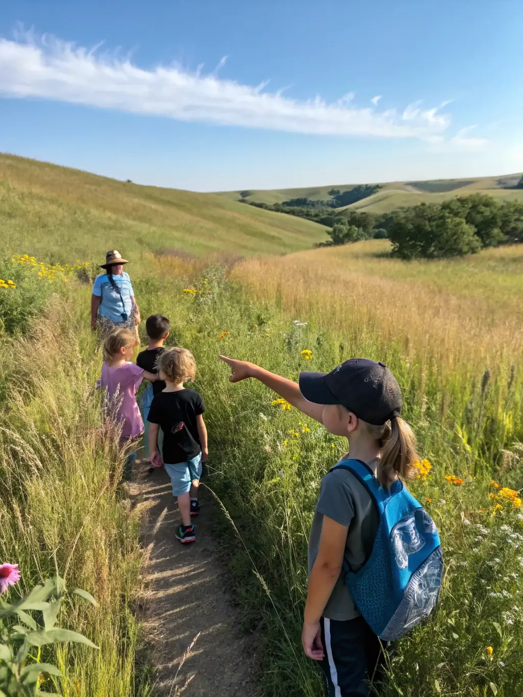 A photograph of a group of children participating in an outdoor educational program about local flora and fauna, organized by SOCIETE COMMUNALE DES CHASSEURS DE ST GERMAIN LES VERGNES.