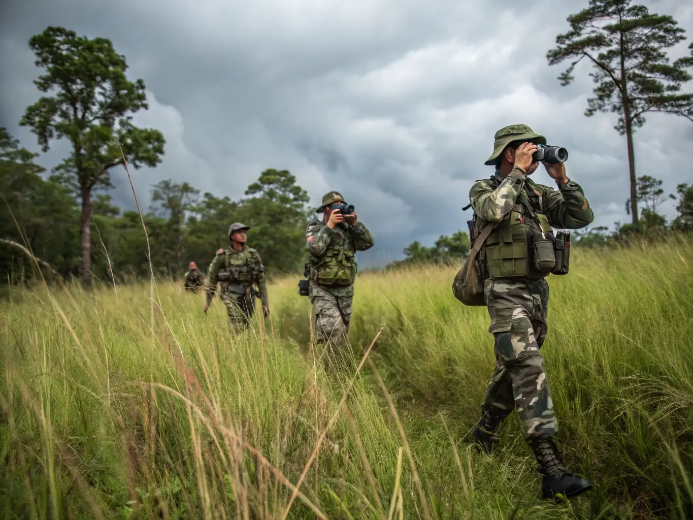 A photograph showing members of SOCIETE COMMUNALE DES CHASSEURS DE ST GERMAIN LES VERGNES patrolling a forest area, equipped with binoculars and radios, as part of their anti-poaching efforts.