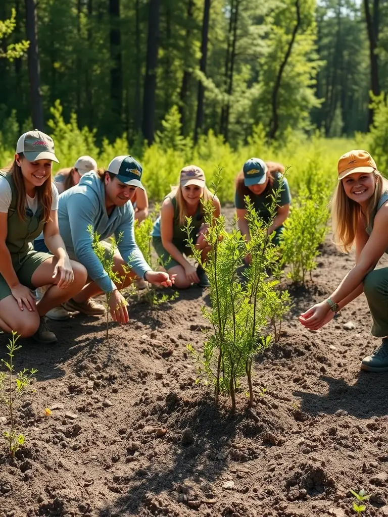 A photograph showcasing a group of volunteers planting trees in a deforested area, highlighting the organization's commitment to ecosystem restoration.