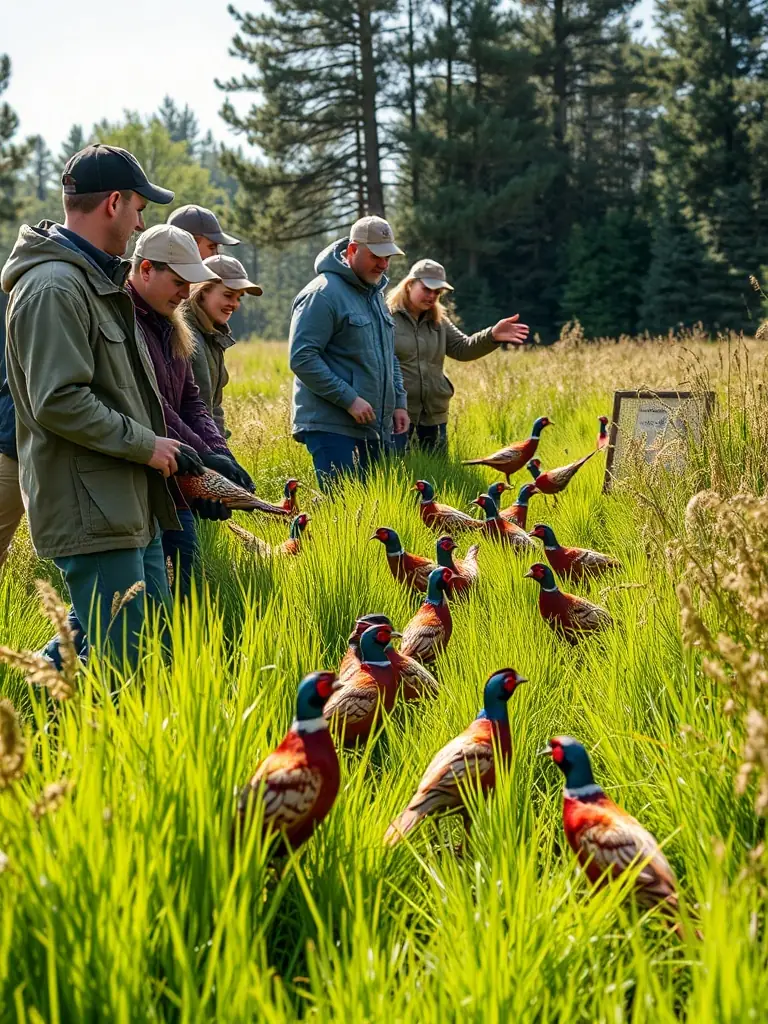 A photograph depicting the release of pheasants into a managed habitat, showcasing the wildlife repopulation efforts of SOCIETE COMMUNALE DES CHASSEURS DE ST GERMAIN LES VERGNES.