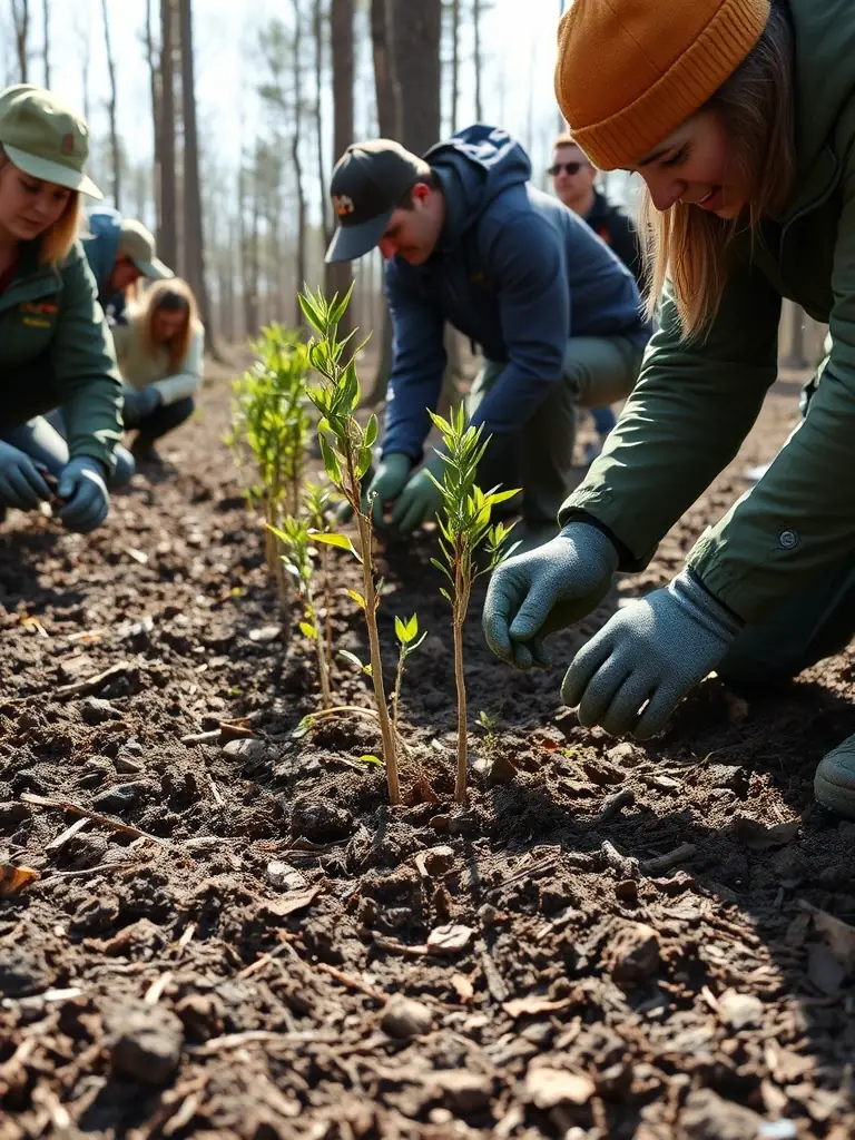 A photograph of volunteers planting trees in a forest, symbolizing environmental conservation efforts.
