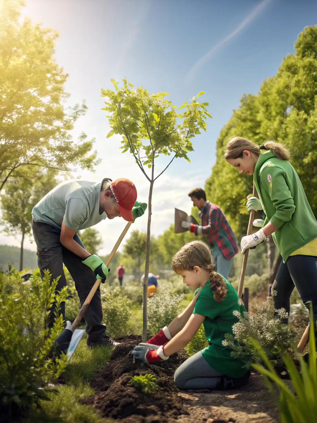 A photograph of volunteers planting trees in a forest, symbolizing contribution to wildlife conservation efforts by SOCIETE COMMUNALE DES CHASSEURS DE ST GERMAIN LES VERGNES.