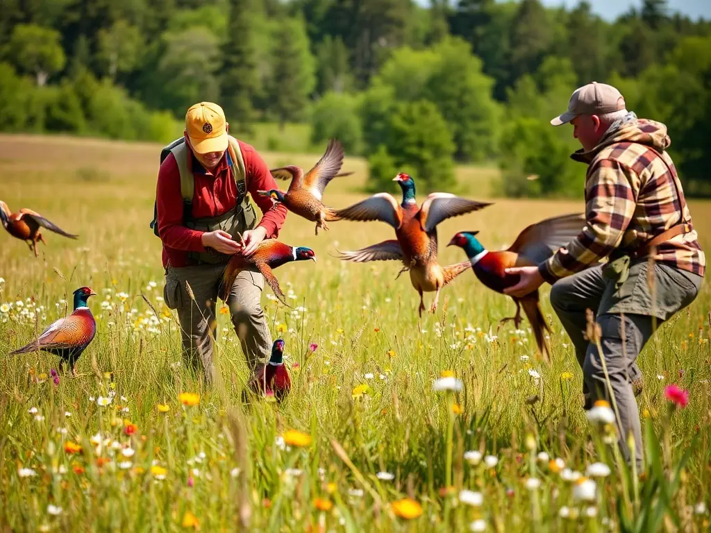A photograph depicting a group of volunteers releasing pheasants into a protected area, showcasing the wildlife repopulation program of SOCIETE COMMUNALE DES CHASSEURS DE ST GERMAIN LES VERGNES.