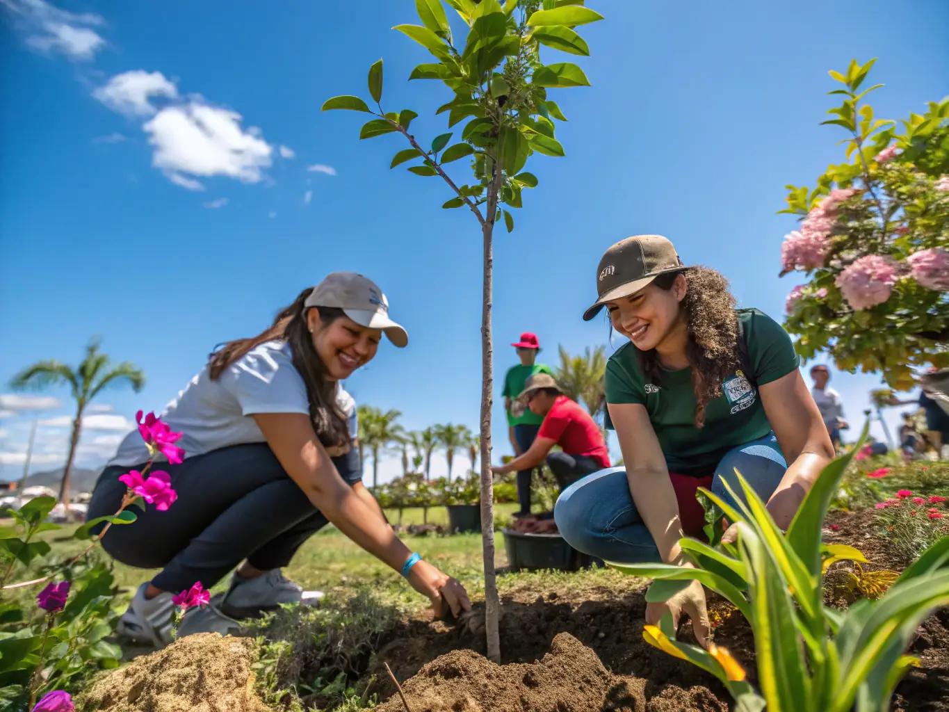 A photograph illustrating a team from SOCIETE COMMUNALE DES CHASSEURS DE ST GERMAIN LES VERGNES planting trees in a deforested area, highlighting their commitment to ecosystem preservation.