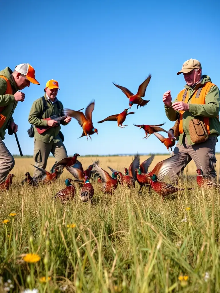 A photograph depicting the release of pheasants into a controlled hunting reserve, showcasing the organization's game repopulation efforts.