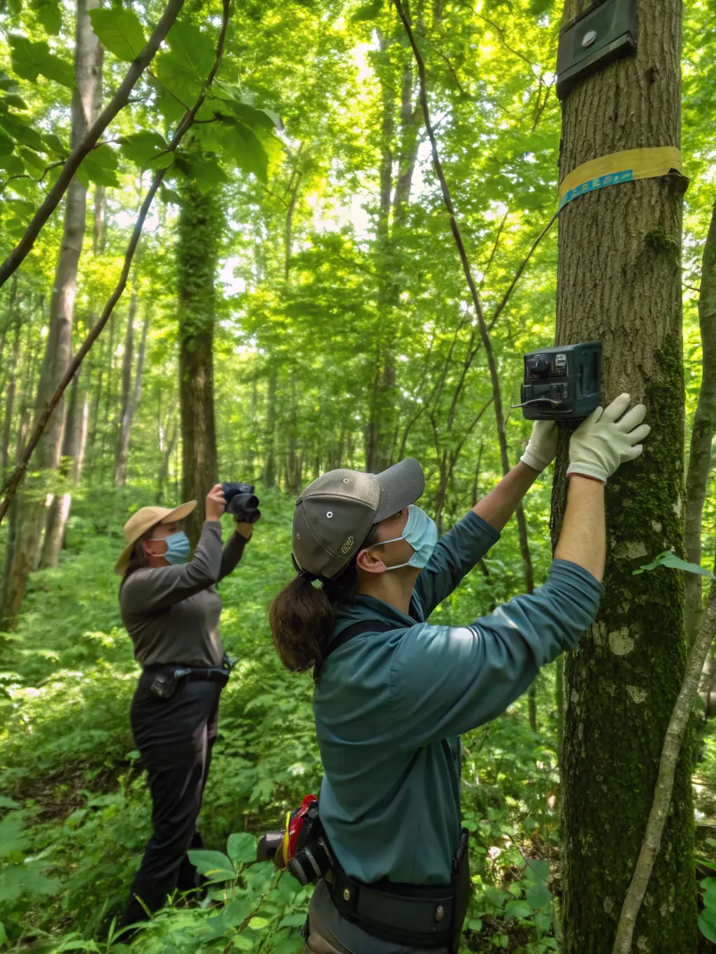 A photograph of volunteers setting up camera traps in a forest to monitor wildlife activity and deter poachers, representing the anti-poaching efforts of the organization.